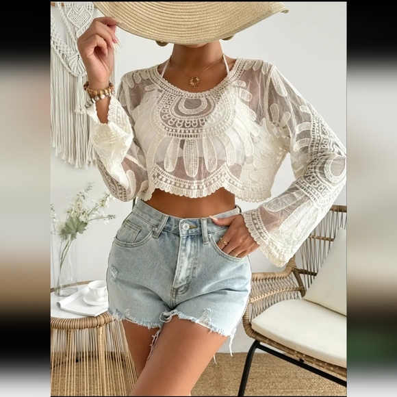 Tops - Bohemian Long Sleeve Embroidered Semi Sheer MeshTop Cream Beige S/4 M/6 L/8-10